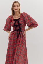 Load image into Gallery viewer, NEWEST ARRIVAL LAST ONE Red Christmas Plaid Black Bow Midi Dress
