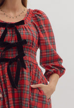 Load image into Gallery viewer, NEWEST ARRIVAL LAST ONE Red Christmas Plaid Black Bow Midi Dress
