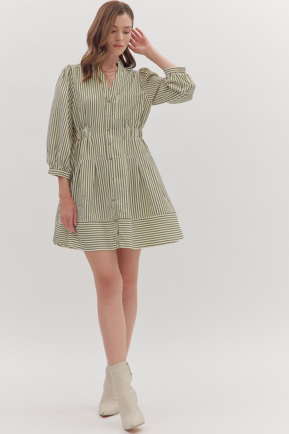 NEWEST ARRIVAL Olive Green Striped Button Front Dress