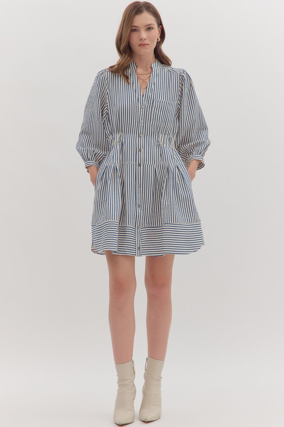 NEWEST ARRIVAL Indigo Blue Striped Button Front Dress