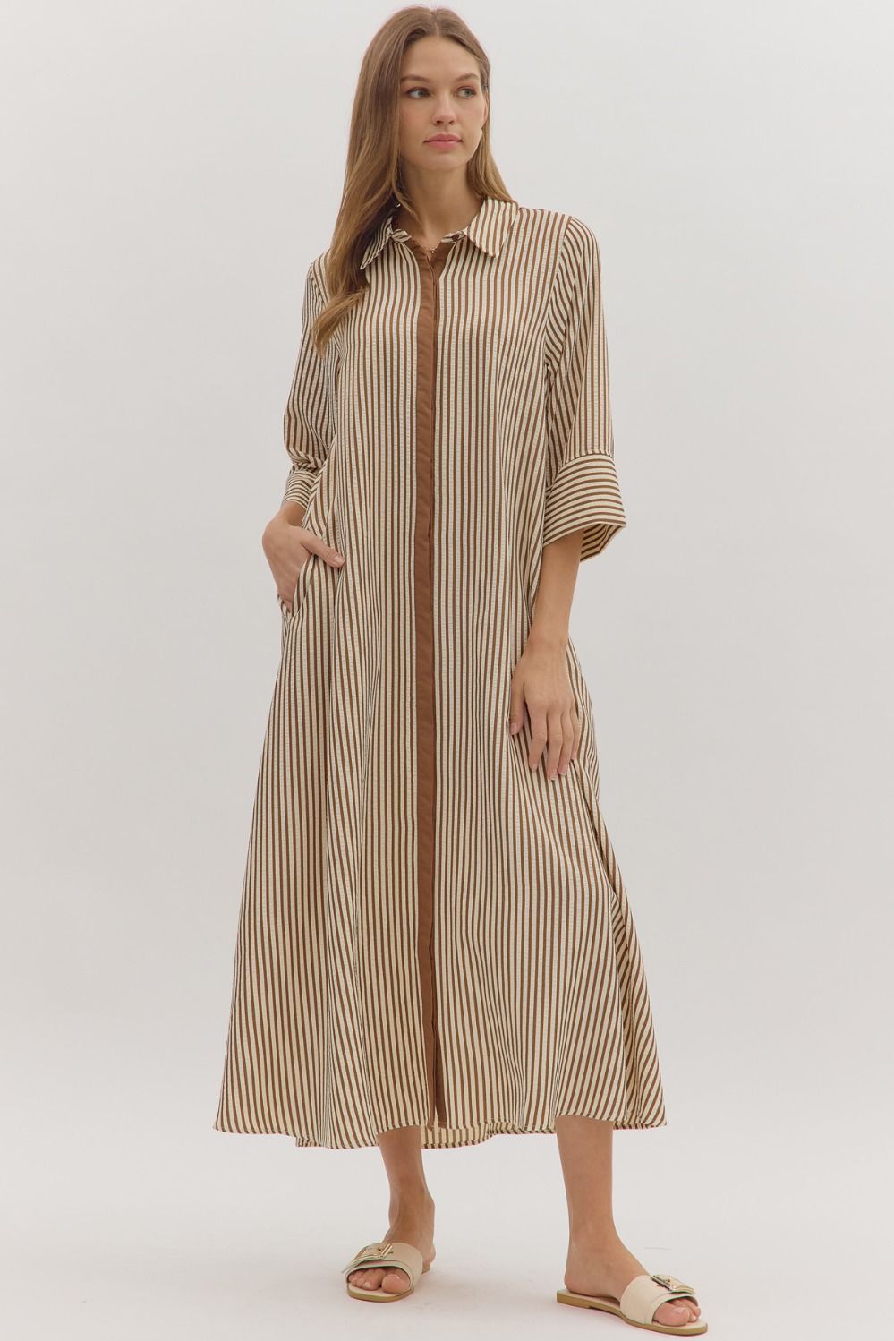 NEWEST ARRIVAL Brown Striped Button Down Midi Dress