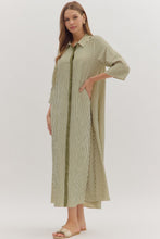 Load image into Gallery viewer, NEWEST ARRIVAL Olive Green Striped Button Down Midi Dress
