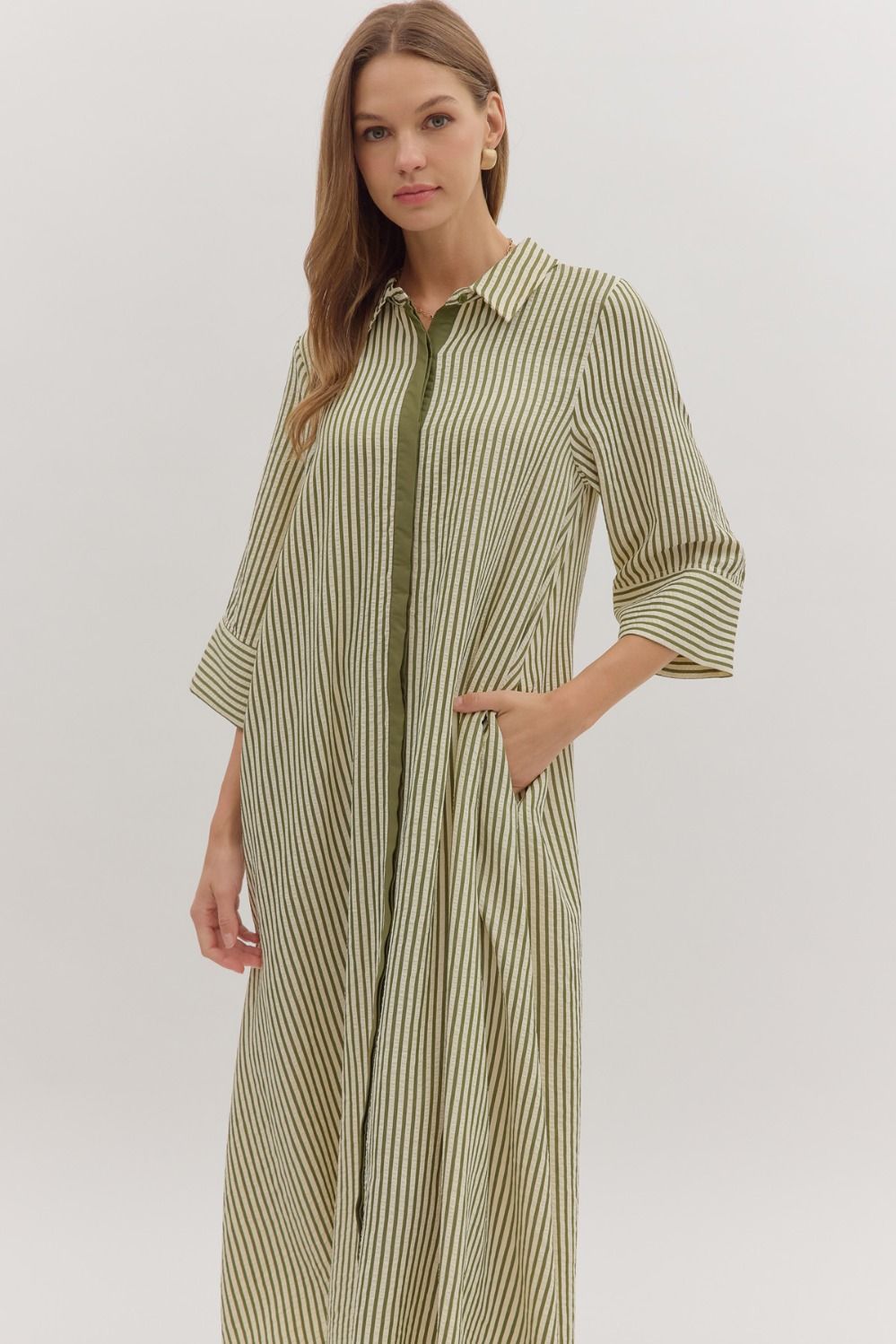 NEWEST ARRIVAL Olive Green Striped Button Down Midi Dress