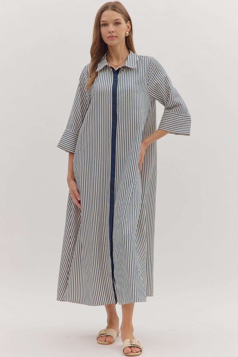 NEWEST ARRIVAL Navy Blue Striped Button Down Midi Dress