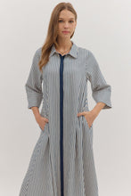 Load image into Gallery viewer, NEWEST ARRIVAL Navy Blue Striped Button Down Midi Dress
