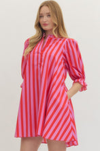 Load image into Gallery viewer, NEWEST ARRIVAL Bold Pink/Red Striped Puff Sleeve Dress
