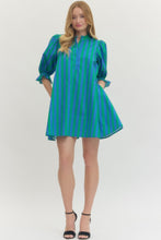 Load image into Gallery viewer, SPRING 2026 Bold Blue/Green Striped Puff Sleeve Dress
