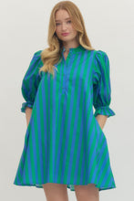 Load image into Gallery viewer, SPRING 2026 Bold Blue/Green Striped Puff Sleeve Dress
