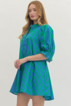 Load image into Gallery viewer, SPRING 2026 Bold Blue/Green Striped Puff Sleeve Dress
