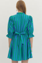 Load image into Gallery viewer, SPRING 2026 Bold Blue/Green Striped Puff Sleeve Dress
