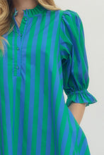 Load image into Gallery viewer, SPRING 2026 Bold Blue/Green Striped Puff Sleeve Dress
