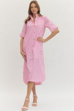 Load image into Gallery viewer, NEWEST ARRIVAL Pink Striped Ruffle Mock Neck Midi Dress

