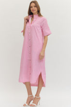 Load image into Gallery viewer, NEWEST ARRIVAL Pink Striped Ruffle Mock Neck Midi Dress

