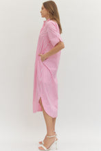 Load image into Gallery viewer, NEWEST ARRIVAL Pink Striped Ruffle Mock Neck Midi Dress
