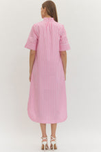 Load image into Gallery viewer, NEWEST ARRIVAL Pink Striped Ruffle Mock Neck Midi Dress
