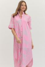 Load image into Gallery viewer, NEWEST ARRIVAL Pink Striped Ruffle Mock Neck Midi Dress
