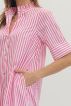 Load image into Gallery viewer, NEWEST ARRIVAL Pink Striped Ruffle Mock Neck Midi Dress
