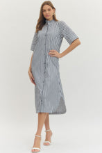 Load image into Gallery viewer, NEWEST ARRIVAL Navy Striped Ruffle Mock Neck Midi Dress
