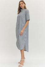 Load image into Gallery viewer, NEWEST ARRIVAL Navy Striped Ruffle Mock Neck Midi Dress
