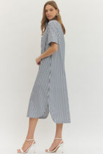 Load image into Gallery viewer, NEWEST ARRIVAL Navy Striped Ruffle Mock Neck Midi Dress
