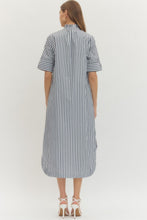 Load image into Gallery viewer, NEWEST ARRIVAL Navy Striped Ruffle Mock Neck Midi Dress
