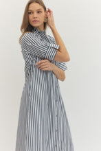 Load image into Gallery viewer, NEWEST ARRIVAL Navy Striped Ruffle Mock Neck Midi Dress
