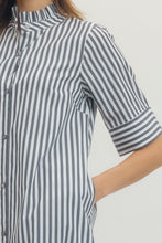Load image into Gallery viewer, NEWEST ARRIVAL Navy Striped Ruffle Mock Neck Midi Dress
