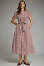 Load image into Gallery viewer, NEWEST ARRIVAL Burgundy Striped Waist Tie Midi Dress
