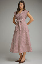 Load image into Gallery viewer, NEWEST ARRIVAL Burgundy Striped Waist Tie Midi Dress
