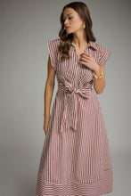 Load image into Gallery viewer, NEWEST ARRIVAL Burgundy Striped Waist Tie Midi Dress
