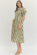 Load image into Gallery viewer, NEWEST ARRIVAL Olive Striped Ruffle Button Front Midi Dress
