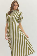 Load image into Gallery viewer, NEWEST ARRIVAL Olive Striped Ruffle Button Front Midi Dress
