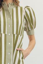 Load image into Gallery viewer, NEWEST ARRIVAL Olive Striped Ruffle Button Front Midi Dress
