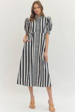 Load image into Gallery viewer, NEWEST ARRIVAL Navy Striped Ruffle Button Front Midi Dress
