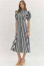 Load image into Gallery viewer, NEWEST ARRIVAL Navy Striped Ruffle Button Front Midi Dress
