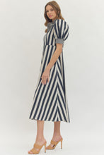 Load image into Gallery viewer, NEWEST ARRIVAL Navy Striped Ruffle Button Front Midi Dress
