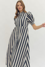 Load image into Gallery viewer, NEWEST ARRIVAL Navy Striped Ruffle Button Front Midi Dress
