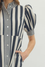 Load image into Gallery viewer, NEWEST ARRIVAL Navy Striped Ruffle Button Front Midi Dress
