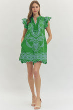 Load image into Gallery viewer, NEWEST ARRIVAL Green/Blue Embroidered Flutter Sleeve Dress

