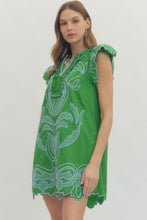 Load image into Gallery viewer, NEWEST ARRIVAL Green/Blue Embroidered Flutter Sleeve Dress
