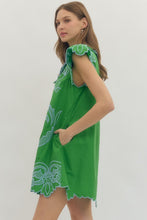 Load image into Gallery viewer, NEWEST ARRIVAL Green/Blue Embroidered Flutter Sleeve Dress
