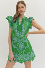 Load image into Gallery viewer, NEWEST ARRIVAL Green/Blue Embroidered Flutter Sleeve Dress
