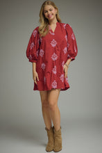 Load image into Gallery viewer, NEWEST ARRIVAL Burgundy/Pink Embroidered 3/4 Puff Sleeve Dress
