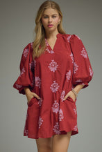 Load image into Gallery viewer, NEWEST ARRIVAL Burgundy/Pink Embroidered 3/4 Puff Sleeve Dress
