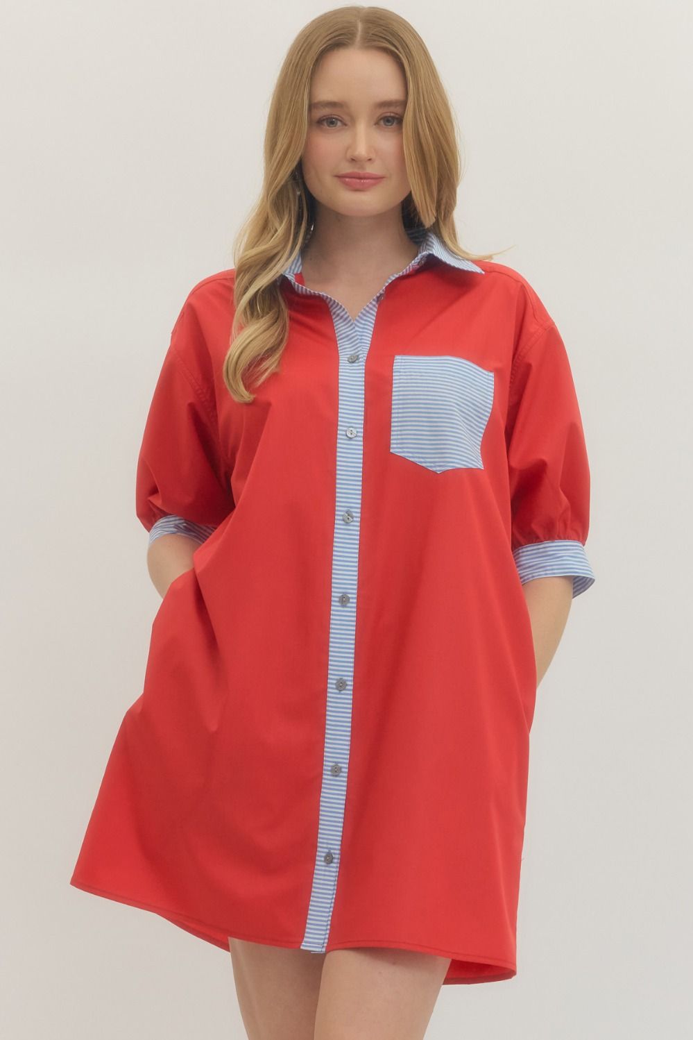 red and blue shirt dress LAST ONE Red/Blue Striped Trim Shirt Dress – Five Points Boutique
