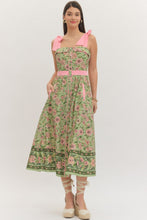 Load image into Gallery viewer, NEWEST ARRIVAL Matcha Green Pink Floral Shoulder Tie Midi Dress
