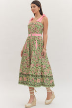 Load image into Gallery viewer, NEWEST ARRIVAL Matcha Green Pink Floral Shoulder Tie Midi Dress
