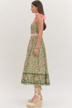 Load image into Gallery viewer, NEWEST ARRIVAL Matcha Green Pink Floral Shoulder Tie Midi Dress
