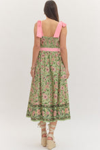 Load image into Gallery viewer, NEWEST ARRIVAL Matcha Green Pink Floral Shoulder Tie Midi Dress
