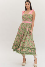 Load image into Gallery viewer, NEWEST ARRIVAL Matcha Green Pink Floral Shoulder Tie Midi Dress
